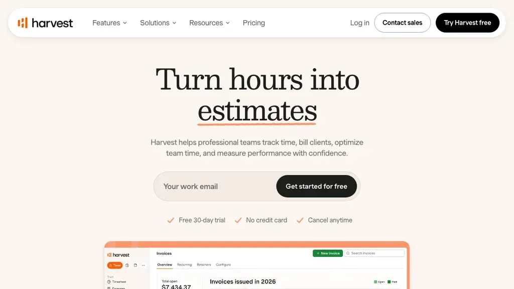 Harvest time tracking and invoicing homepage (screenshot September 2026)