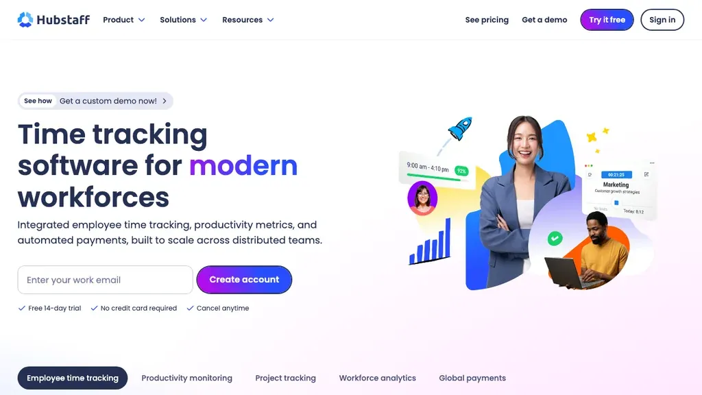 Hubstaff employee time tracking homepage (screenshot September 2026)