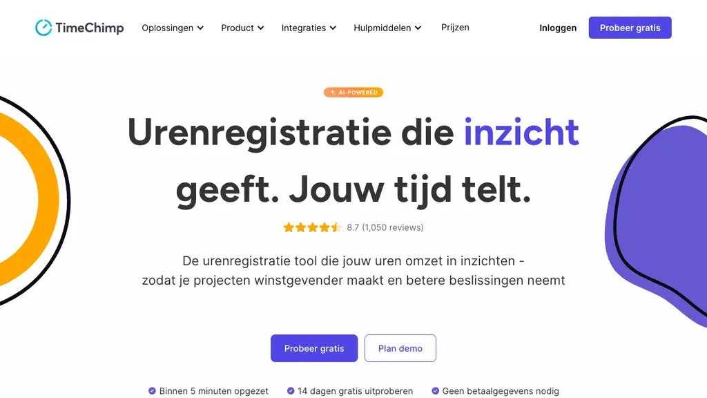 TimeChimp urenregistratie en workforce management homepage (screenshot september 2026)