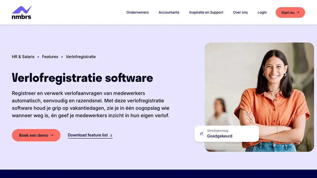 Nmbrs verlofregistratie software en payroll homepage (screenshot september 2026)
