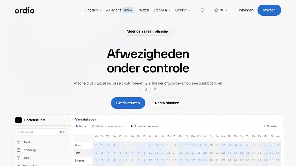 Ordio verlofregistratie en afwezigheden met rooster en tijd voor ploegendiensten (screenshot september 2026)