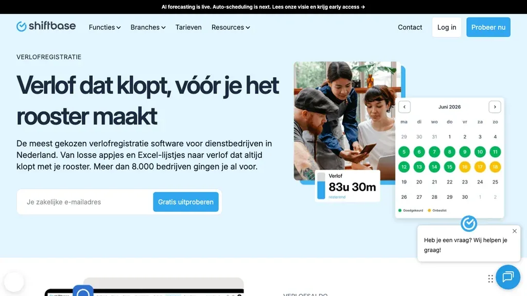 Shiftbase verlofregistratie en rooster software homepage (screenshot september 2026)