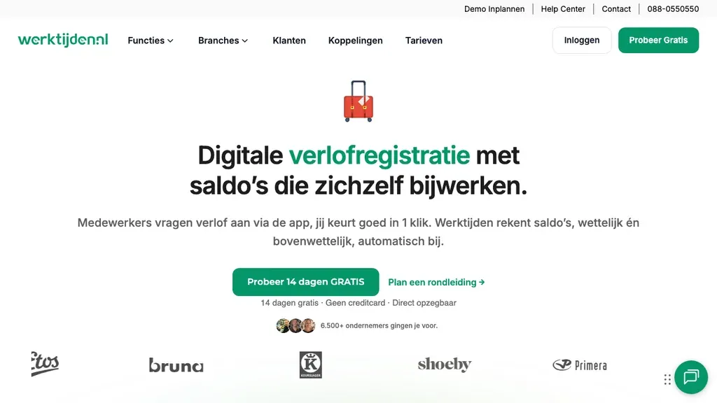 Werktijden.nl verlofregistratie en personeelsplanning homepage (screenshot september 2026)