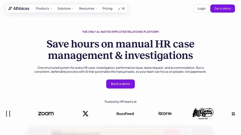 AllVoices employee relations and anonymous reporting homepage (screenshot September 2026)