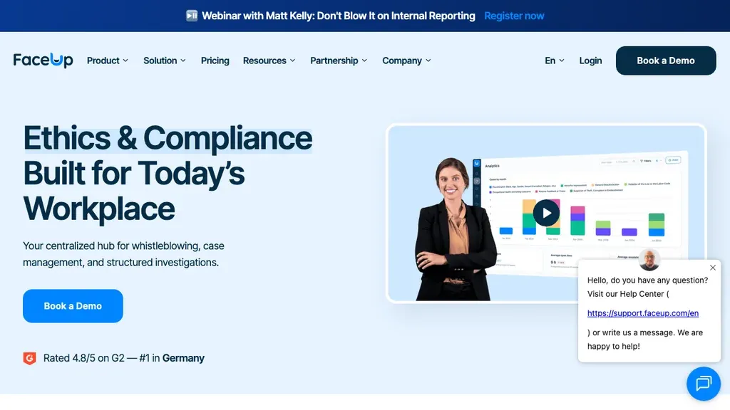 FaceUp whistleblowing system homepage for companies and schools (screenshot September 2026)