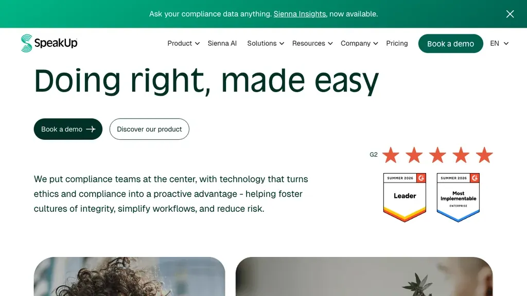 SpeakUp whistleblowing and case management platform homepage (screenshot September 2026)