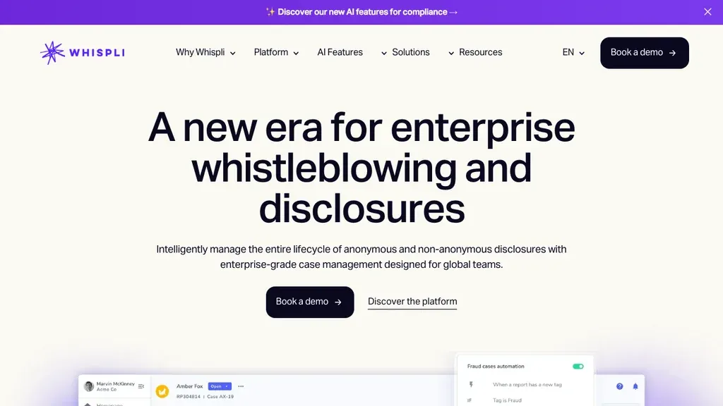 Whispli whistleblowing and case management platform homepage (screenshot September 2026)