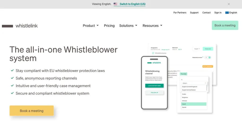 Whistlelink anonymous whistleblowing platform homepage (screenshot September 2026)
