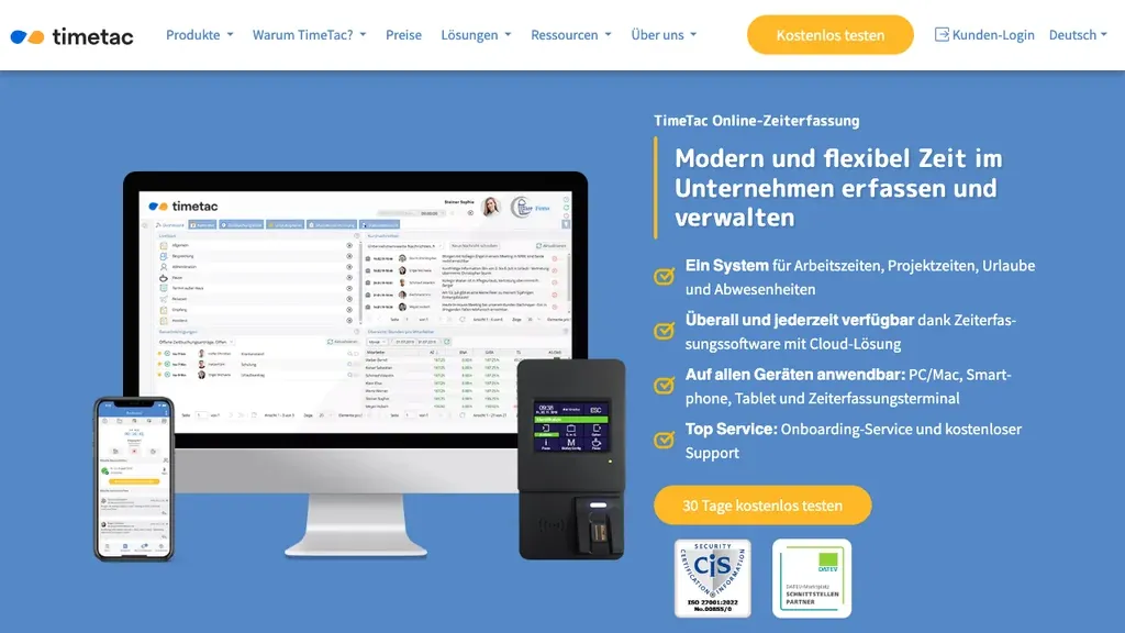 TimeTrack Zeiterfassung: Startseite der Software (Screenshot September 2026)