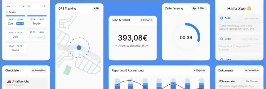 Ordio Produkt-Webinar: App-Karten für Schichtplan, Zeiterfassung, GPS-Tracking und Reporting