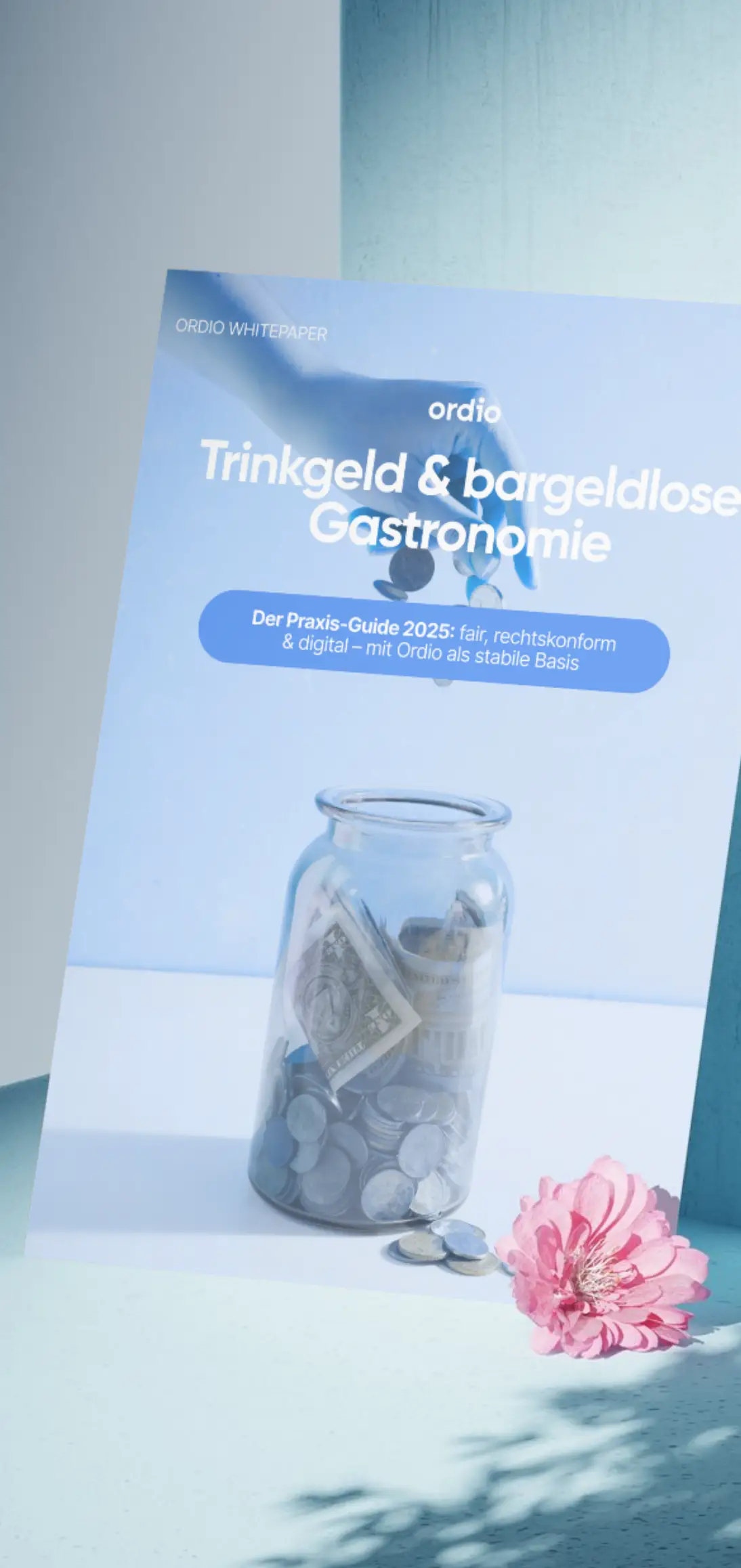 Ordio-Whitepaper Trinkgeld und bargeldlose Gastronomie – Titelseite mit Münzglas und Praxis-Guide